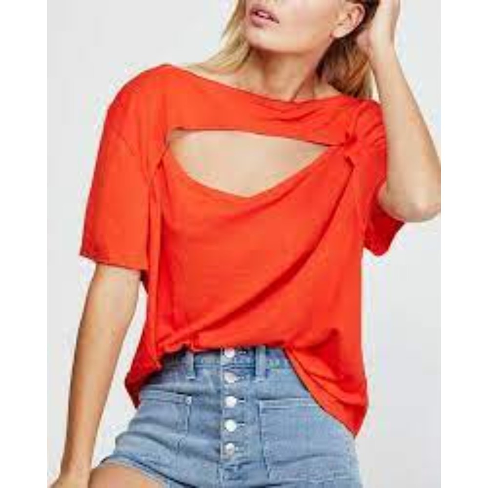 Free People NWT June Tee Linen Blend Cut Out Raw Neckline Rome Red XSmall New